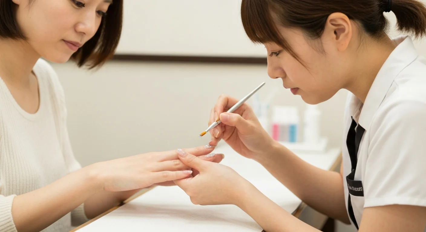 磁気ジェルを使いネイル表面に光のラインを作る施術中の手元